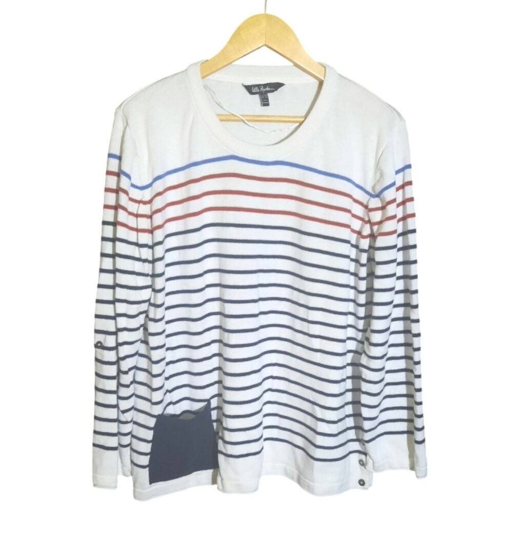 Ulla Popken Womens Long Sleeve Breton Striped Sweater Patch Pocket Size 16/18